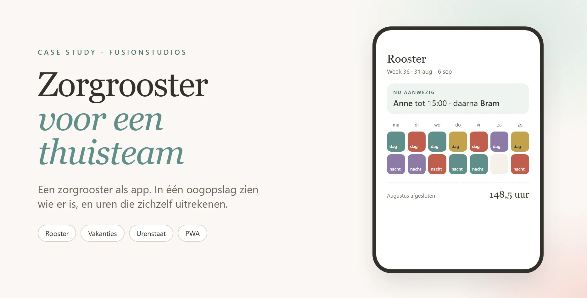 Case-visual van het zorgrooster: een zorgrooster als app, met een week aan diensten in teamkleuren